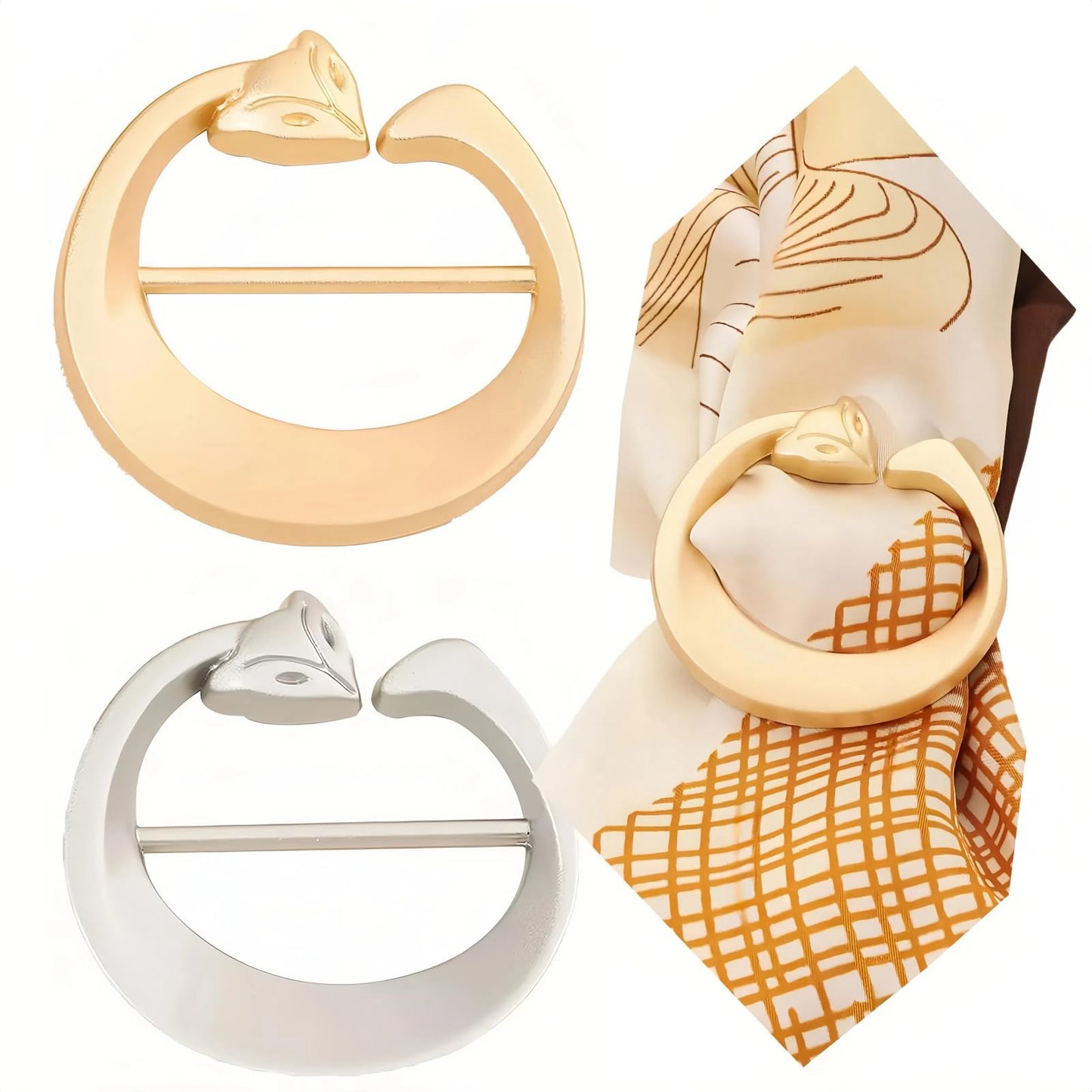 SYWDUDUCLT 2Pack Fox Design Scarf Ring and Brooch, Gold and Silver