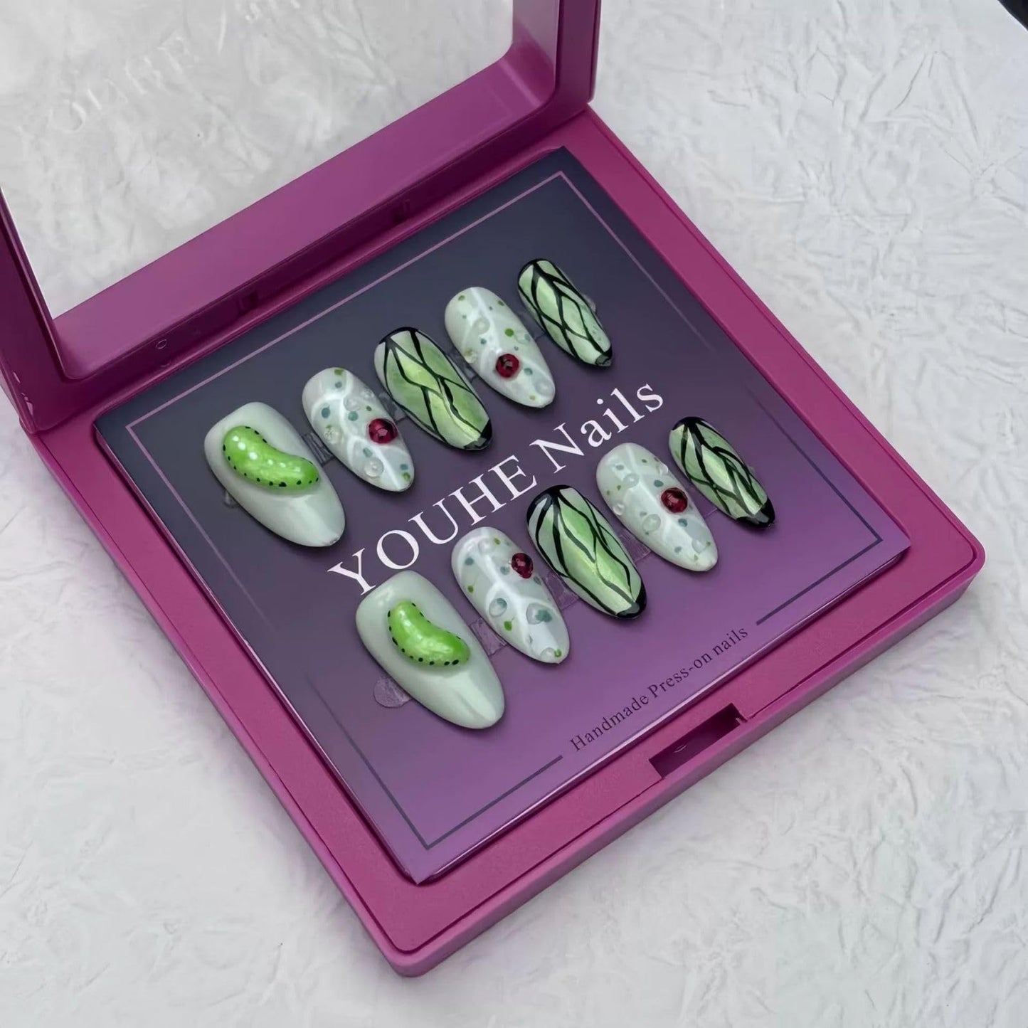 Threelegscat Press on Nails Almond Medium Handmade Fake Nails with Cute Leaf Designs for Women and Girls Size L 10pcs