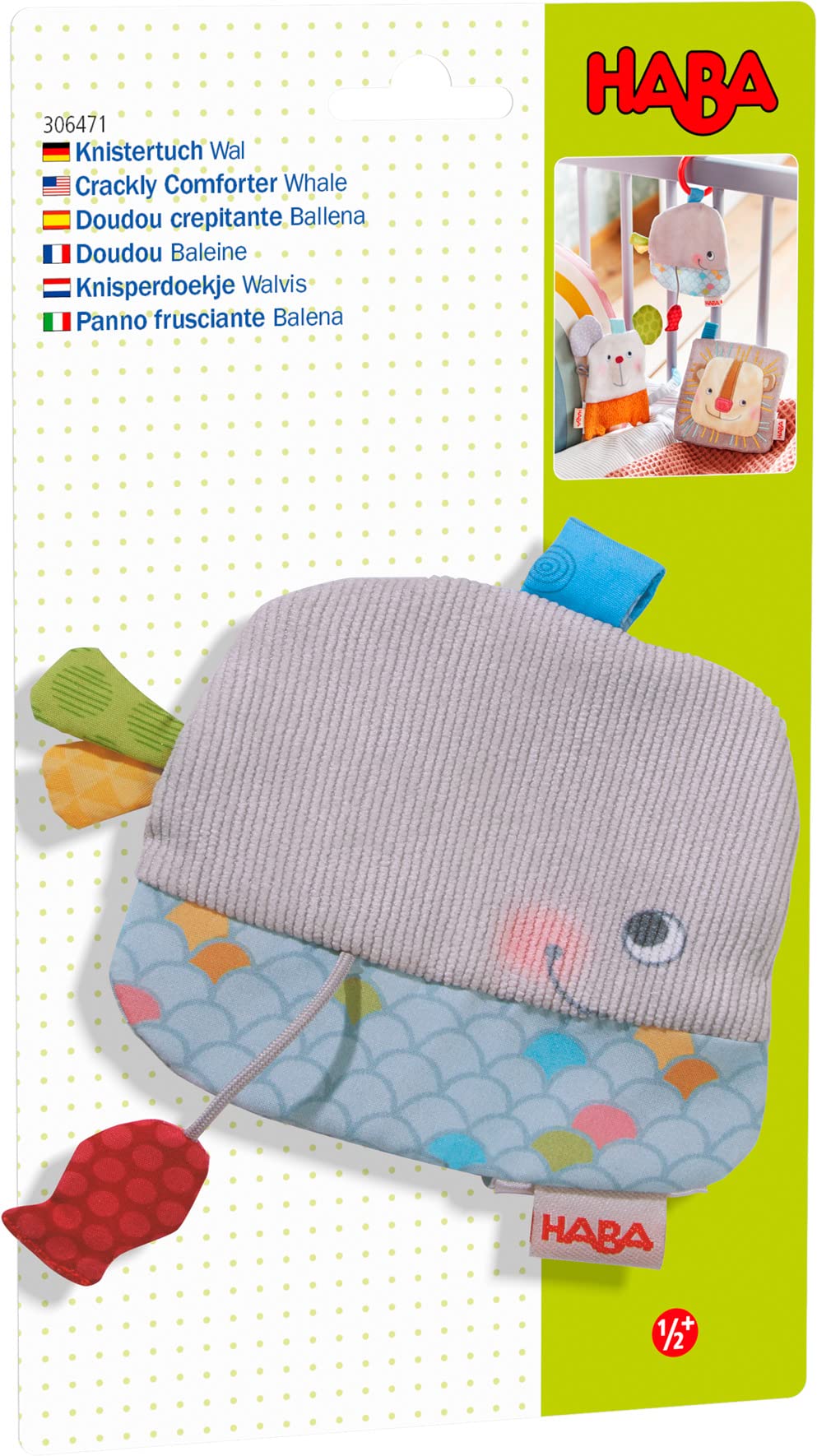 HABA Whale Lovey Crinkle Toy, Baby Soft Cloth and Baby Soother with Attached Red Fish for Sensory Play
