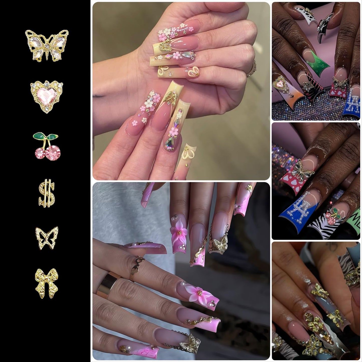 100 Pcs 3D Gold Nail Charms with Cherry Butterfly Cross Bow Star Heart Dollar for Women Nail Art DIY Design