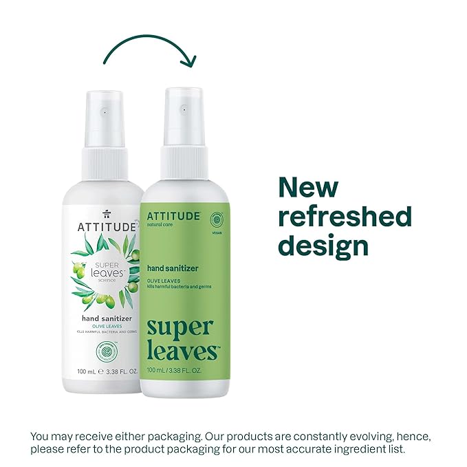 ATTITUDE Hand Sanitizer Spray, EWG Verified, Kills Germs & Bacteria, Vegan & Plant-Based, Safe for Adults & Kids, Olive Leaves Scent, 3.38 Fl Oz (Spray Bottle)