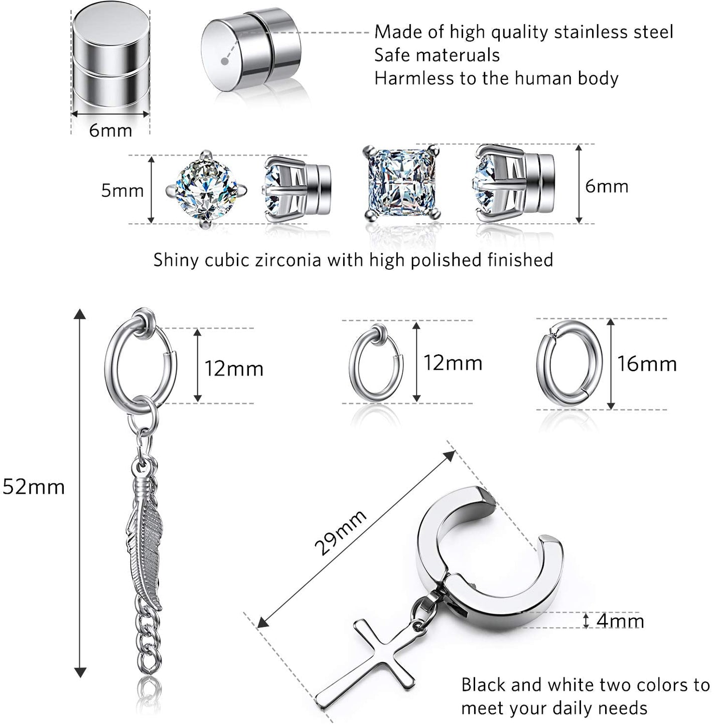 Hicarer 9 Pairs Magnetic Stud Earrings Non Pierced Silver Stainless Steel Feather Dangle Earrings for Women and Men