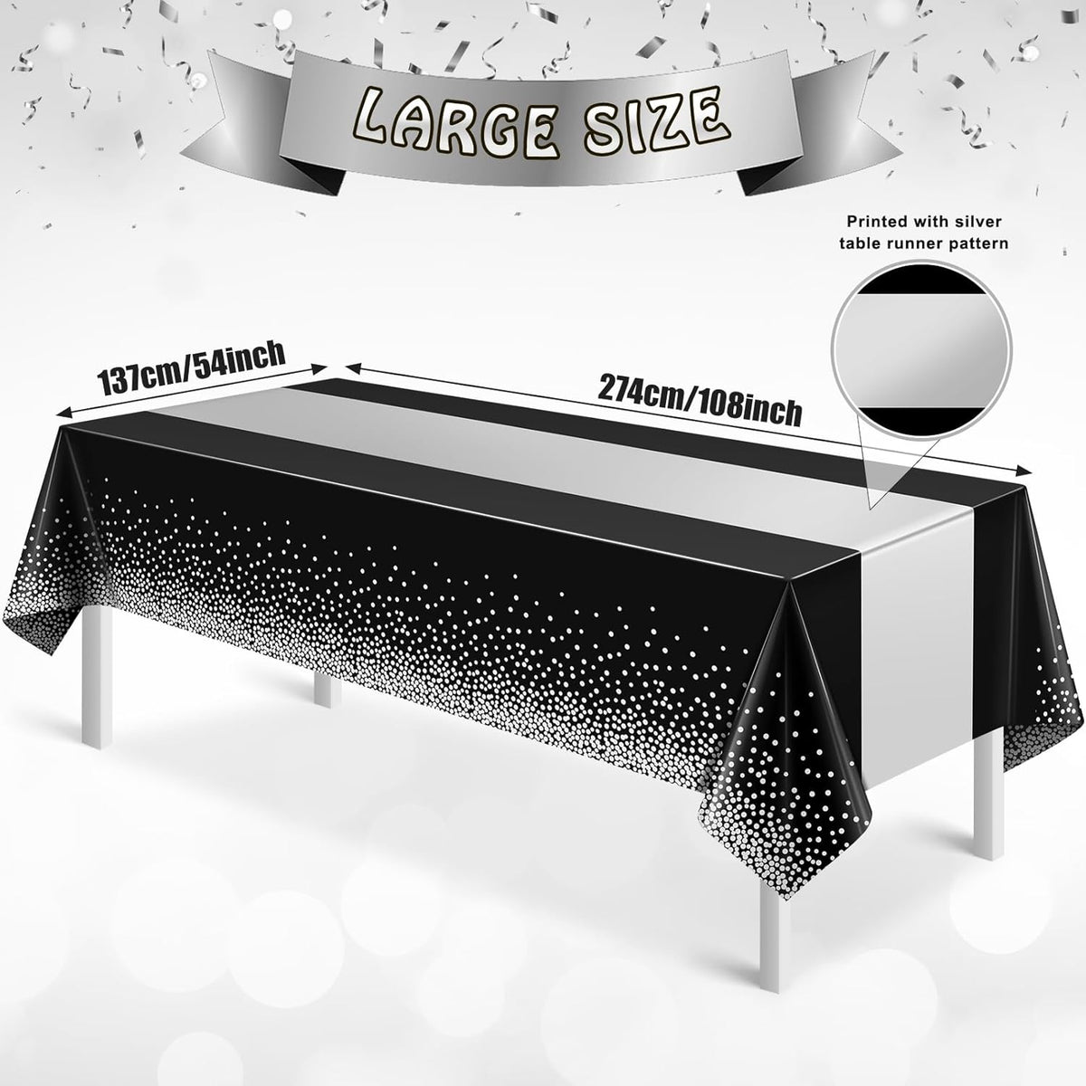 3Pcs Black and Silver Tablecloth Party Decorations,Plastic Black Table Cloth Printed Silver Table Runner Disposable Rectangle Table Cover for Birthday Anniversary Wedding Graduation Party,54 x108 Inch
