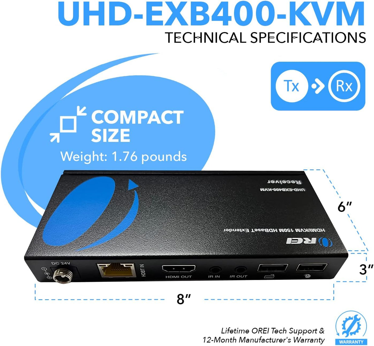 OREI 4K KVM HDMI Extender Over LAN HDBaseT PoC Single CAT5e/CAT6A/CAT7 Cable 4K 60Hz - Upto 400 feet 4:4:4 - Remote, Keyboard, Mouse, USB Control