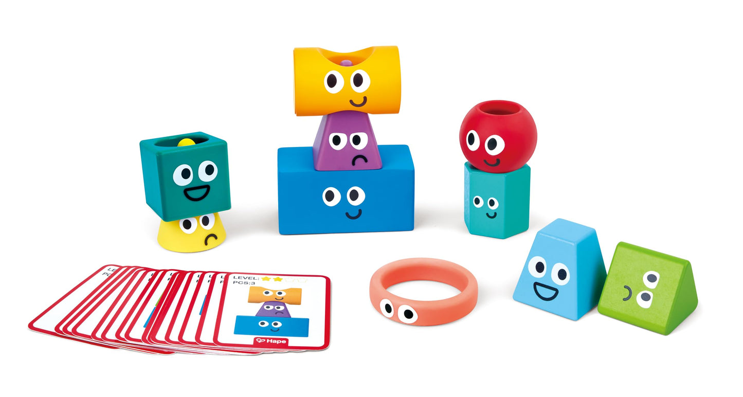 Hape Montessori Stacking Blocks - 10 Pcs Geometric Shapes & 16 Challenge Cards, Multi-Sensory STEM Toy for Toddlers 1-5, Develops Fine Motor Skills & Spatial Thinking, Silicone, Wood & Plastic