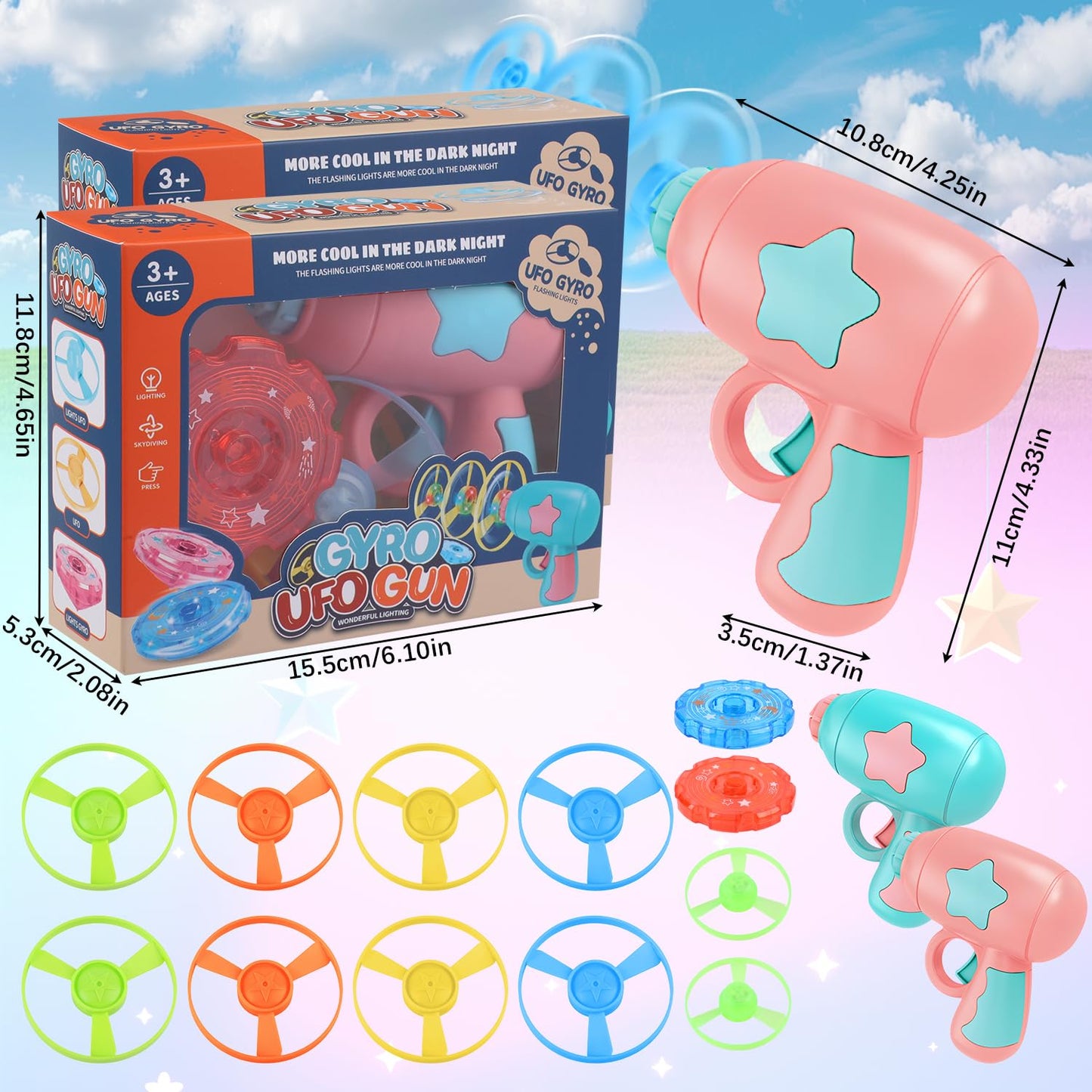 2PCS Cat Fetch Disc Launcher Toy with Colorful Flying Propellers Set,Cat Playing Tracking LED Spinning Top Interactive Toys for Kitten Chasing Training Hunting（Pink+Blue）