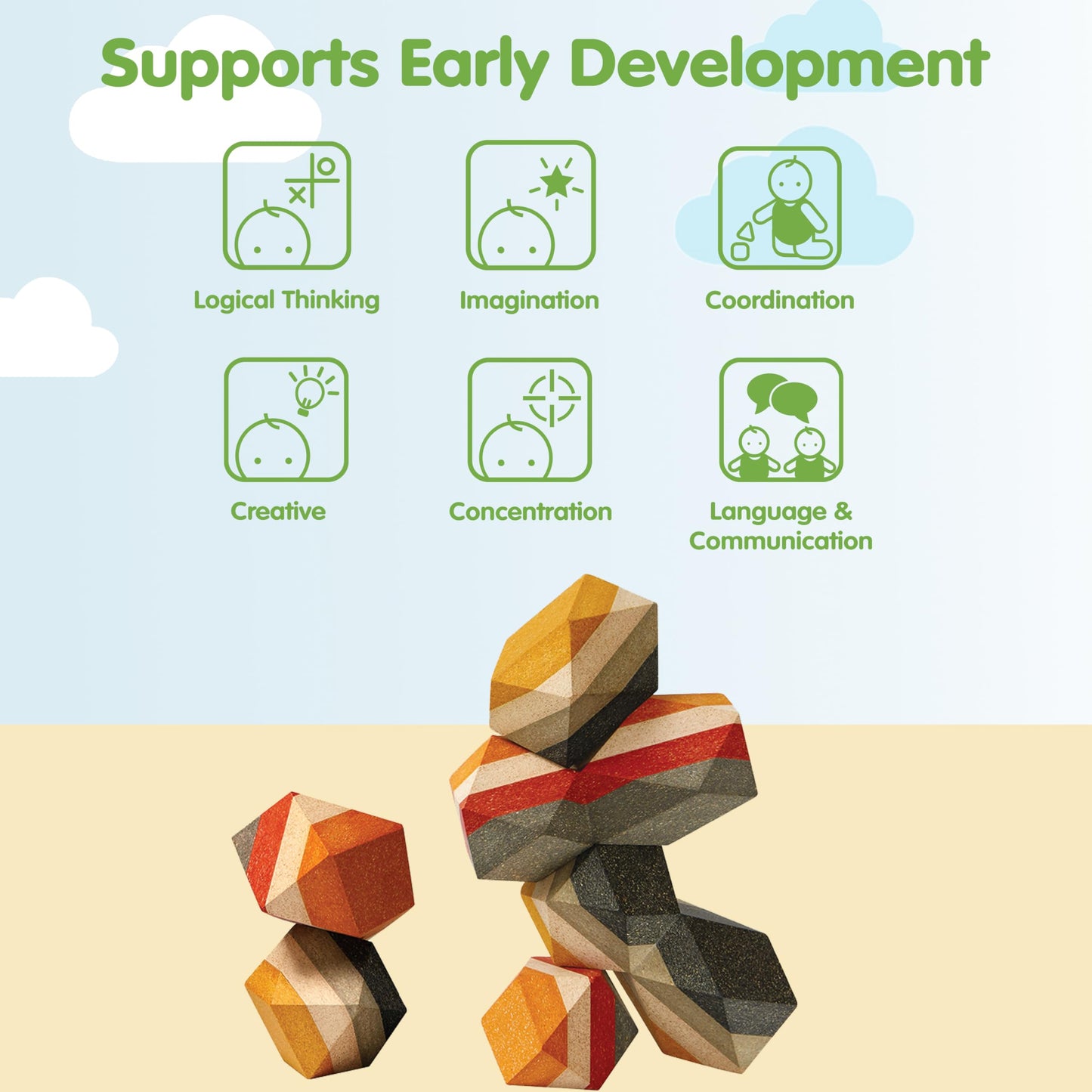 PlanToys® Geo Stacking Rock Wooden Montessori Balancing and Fine Motor Toy | Creative Thinking, Coordination and Early Problem Solving Activity | Eco Friendly Educational Open Ended Play Set