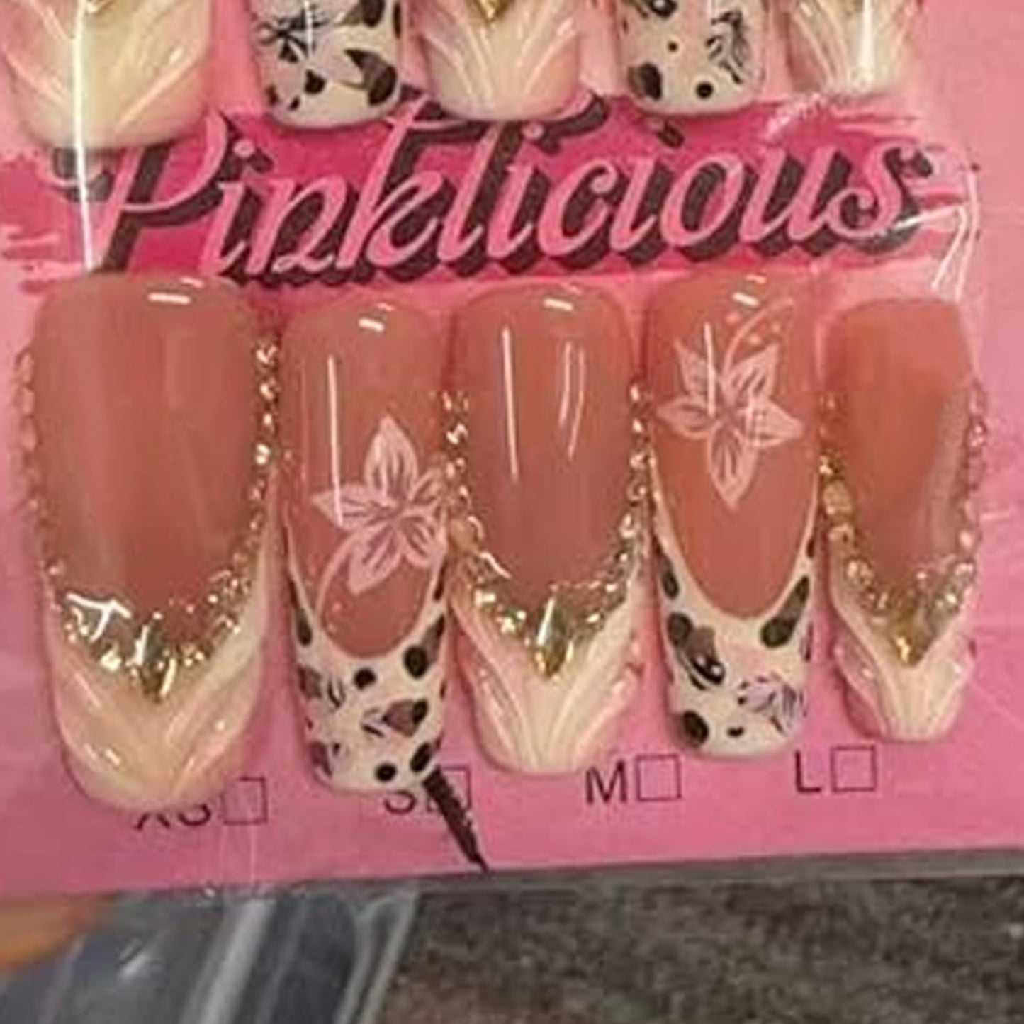 Pinklicious Handmade Pink French Tip Press On Nails, Long Reusable False Nails with Glitter Accent, Floral & Leopard Print Decorative Fake Nails for Women (L)
