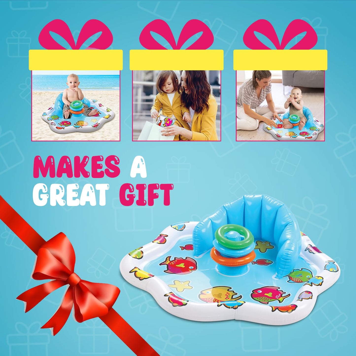 Bundaloo Baby Splash Pad with Inflatable Backrest and Stackable Ring Toys – Sensory Water Play Mat for Infants and Toddlers – Summer Outdoor Fun