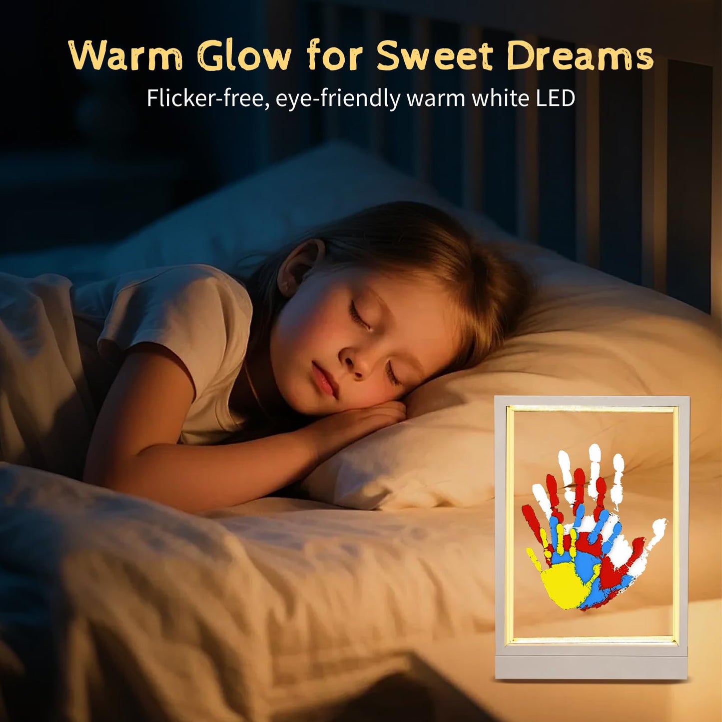 CHERRY CHEERS Family Handprint Kit with Light, Handprint Keepsake Frame, Wooden Led Light, Easy Install, No Need Screw etc, Non-Toxic Paints (White)
