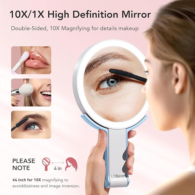 LitBear Travel Makeup Mirror with Lights, Rechargeable Double-Sided 10X/1X Magnifying Mirror, Portable Lighted Beauty Mirror, 3 Color Lighting, Dimmable Touch Screen, Tabletop Handhold Hanging (Blue)