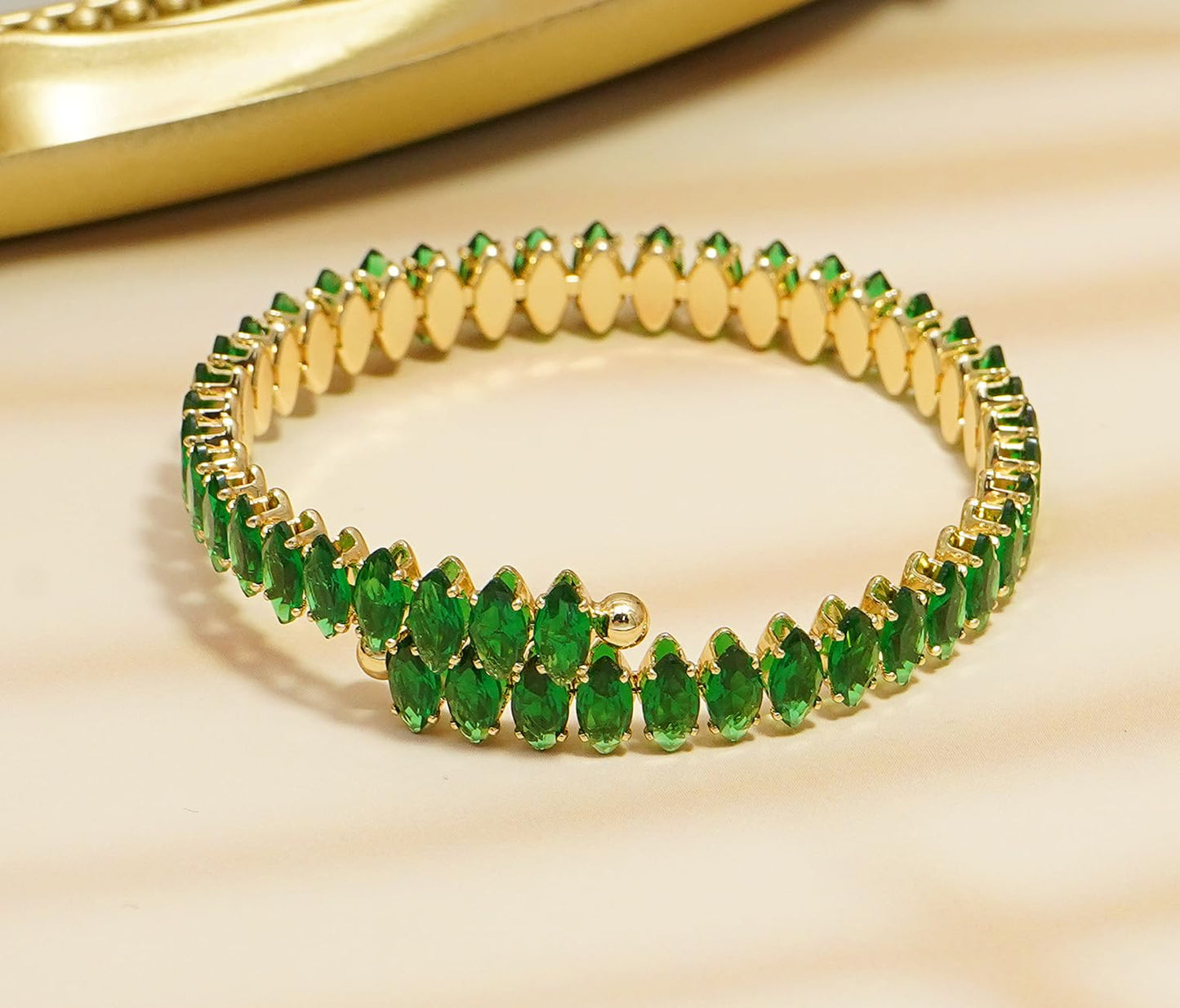 Wovanoo Rhinestone Cuff Bracelet Cubic Zirconia Tennis Bracelets Open Adjustable Elastic Bangle for Women Gold Green