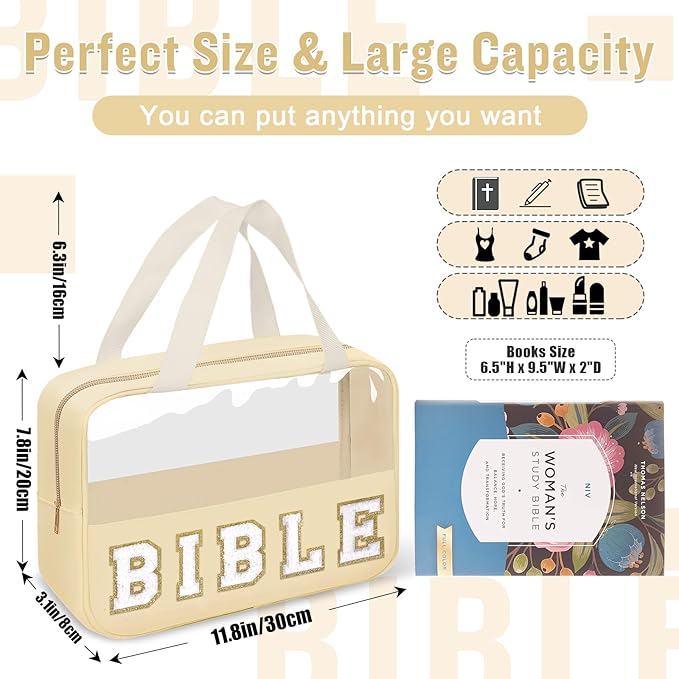 Chenille Letter Bible Bag Cover Case for Women,Preppy Bible Study Supplies Church Bag Purse Bible Accessories with Handle Zipper,Waterpoof Travel Makeup Bag Christmas Christian Gifts(BIBLE-Beige)
