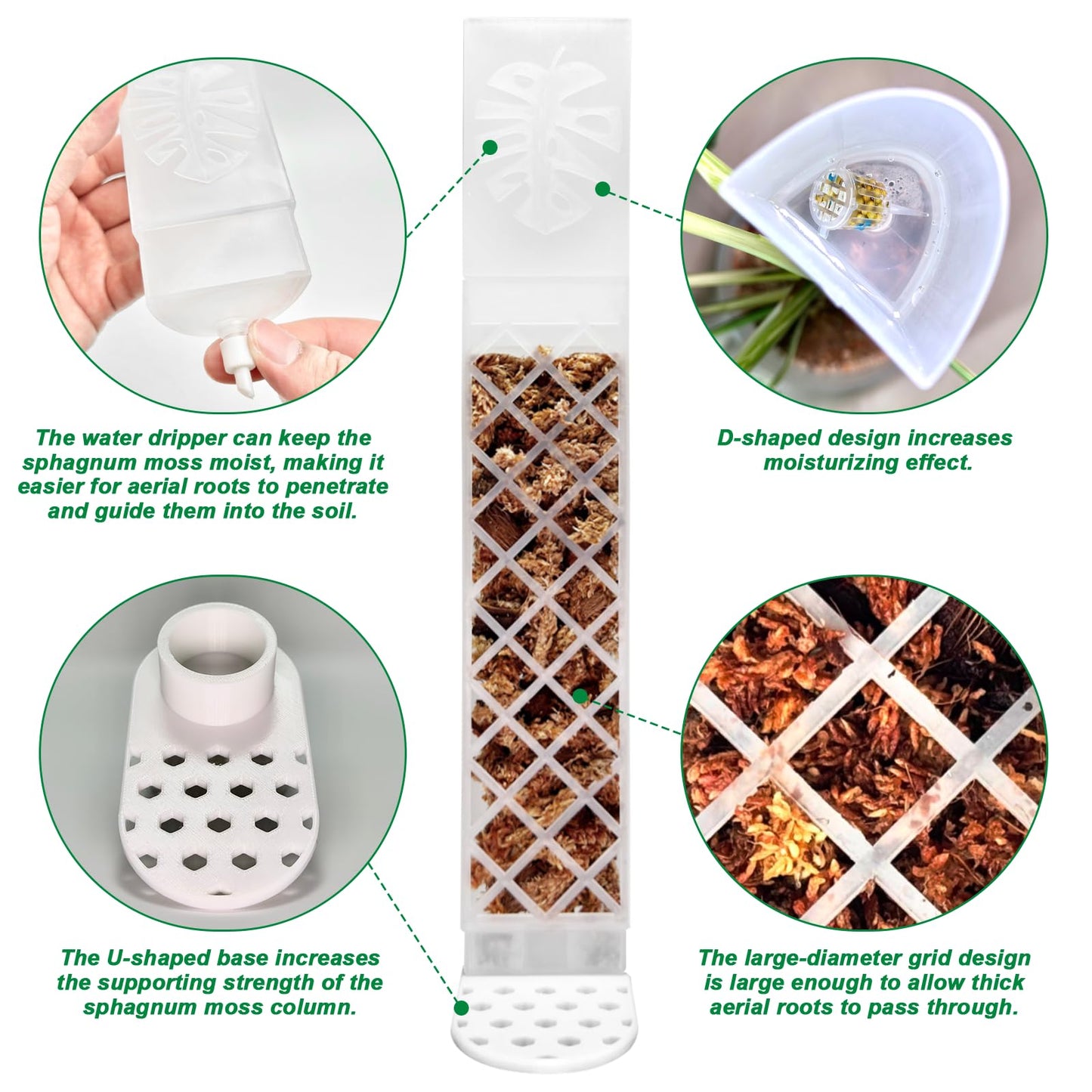 4 Psc 9 Inch D Shaped Moss Pole with Watering Dripper, Plastic Moss Poles for Climbing Plants, Sturdy Monstera Plant Support, Self Watering Moss Pole Kit for Plants Indoor(White)