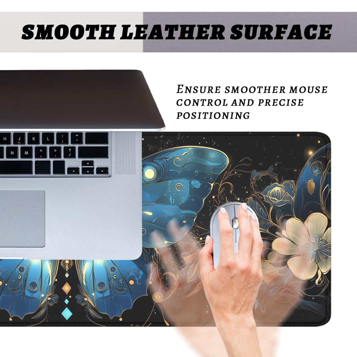 Blue Butterfly Gaming Mouse Pad Gorgeous Wings Fantasy Butterfly Large Gaming Mouse Mat with Stitched Edges,Non-Slip Waterproof Rubber Base Mous Mat 31.5x11.8 in