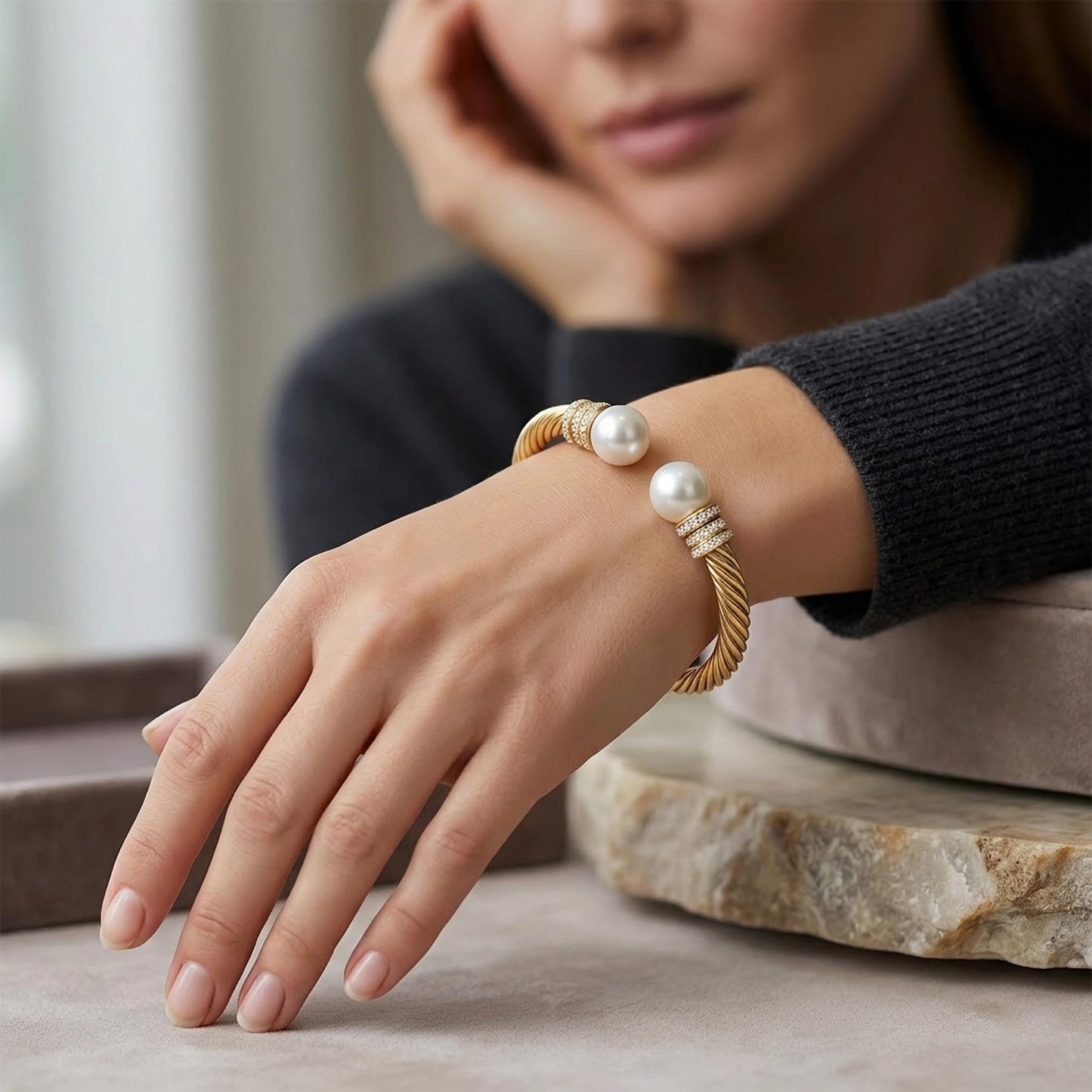 WOWORAMA Gold Cable Wire Cuff Bracelet for Women Stainless Steel Open Cuff Bangle Bracelets Adjustable Twist Cable Bracelet with Pearl Balls Jewelry