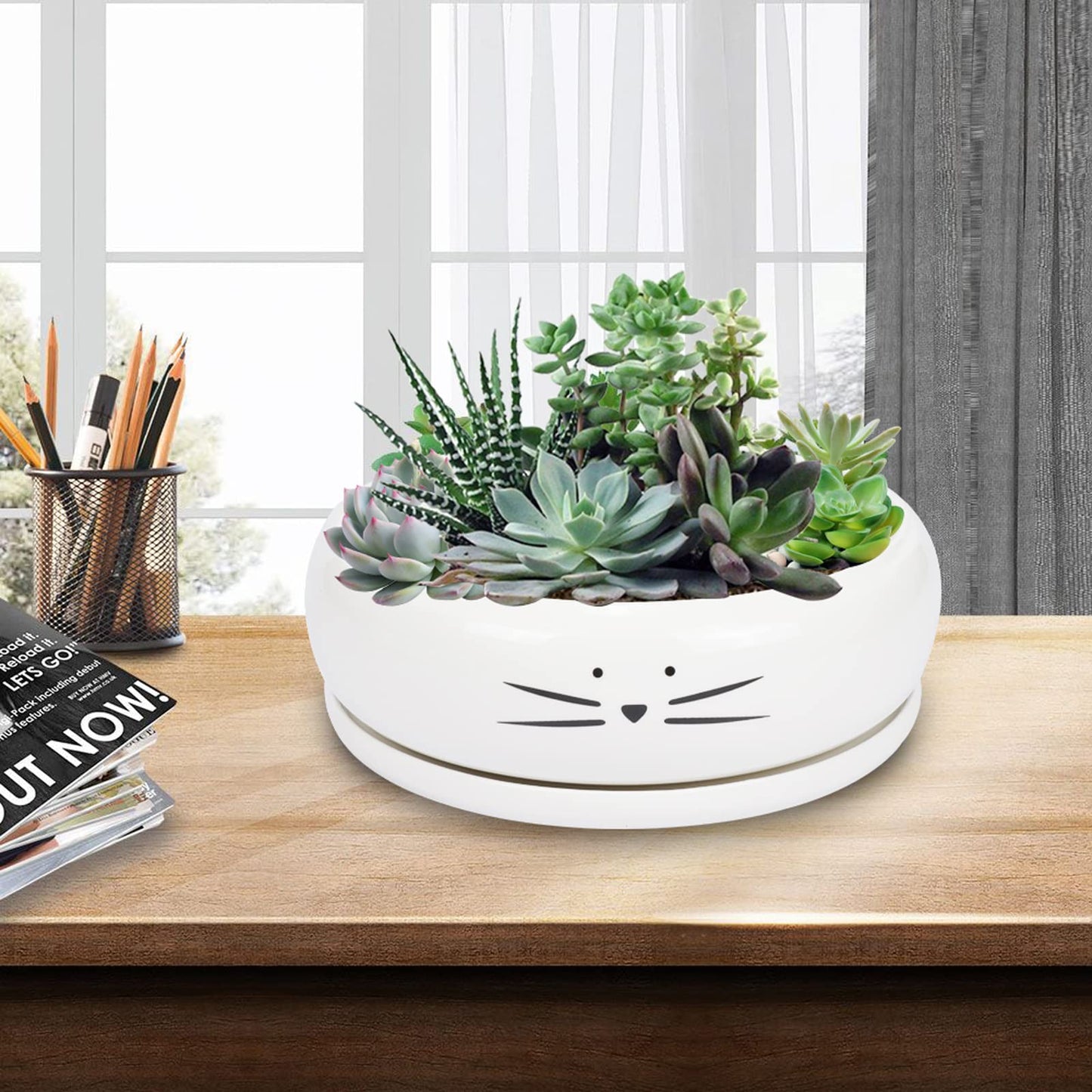 Koolkatkoo 8 Inch Large Cute Cat Ceramic Succulent Planter Pots with Removable Saucer Unique Porcelain Cactus Planters Decorative Flower Pot for Cat Lovers White