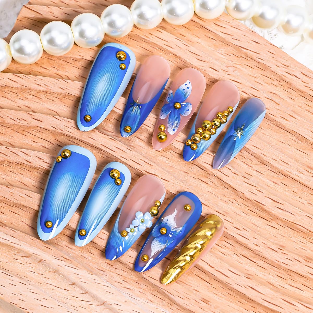 Blue Flower Press on Nails Medium Almond Handmade Fake Nails with Gold Pearl Star Design Gilding Full Cover Artificial Glue on Nails Spring Summer Stick on Nails Reusable False Nails for Women 10Pcs