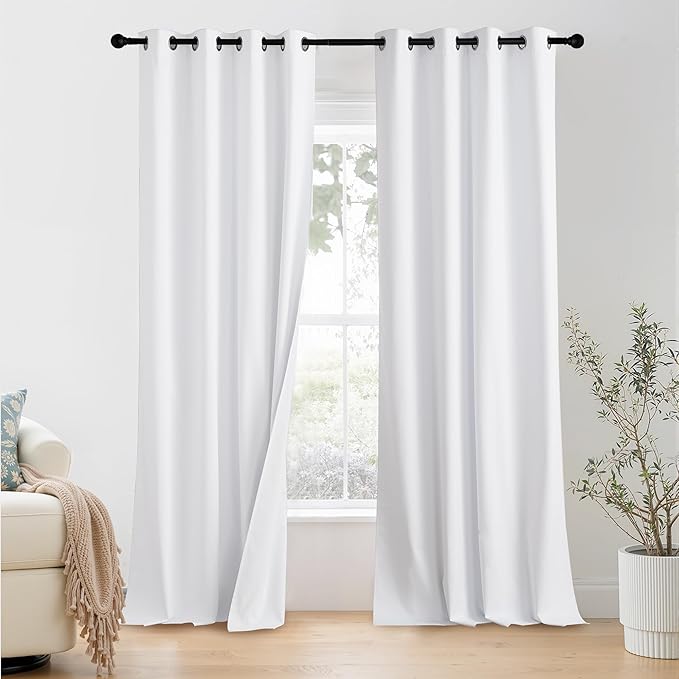 NICETOWN 100% Blackout Window Curtain Panels 102 inch Length for Living Room, Set of 2, Snow White, 55 inches Wide, Thermal Insulated Extra Long Drapes
