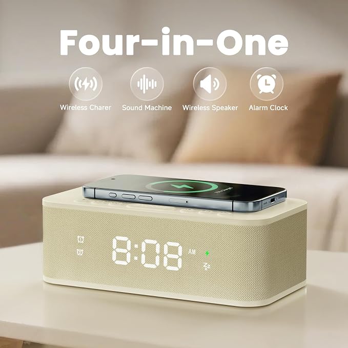 Digital Alarm Clock White Noise, Loud Digital Alarm Clocks Bedrooms, Alarm Clock Speaker Wireless Charger AUX USB Bluetooth Speaker 12/24H Dual Alarm Snooze Adjustable Brightness, Cream