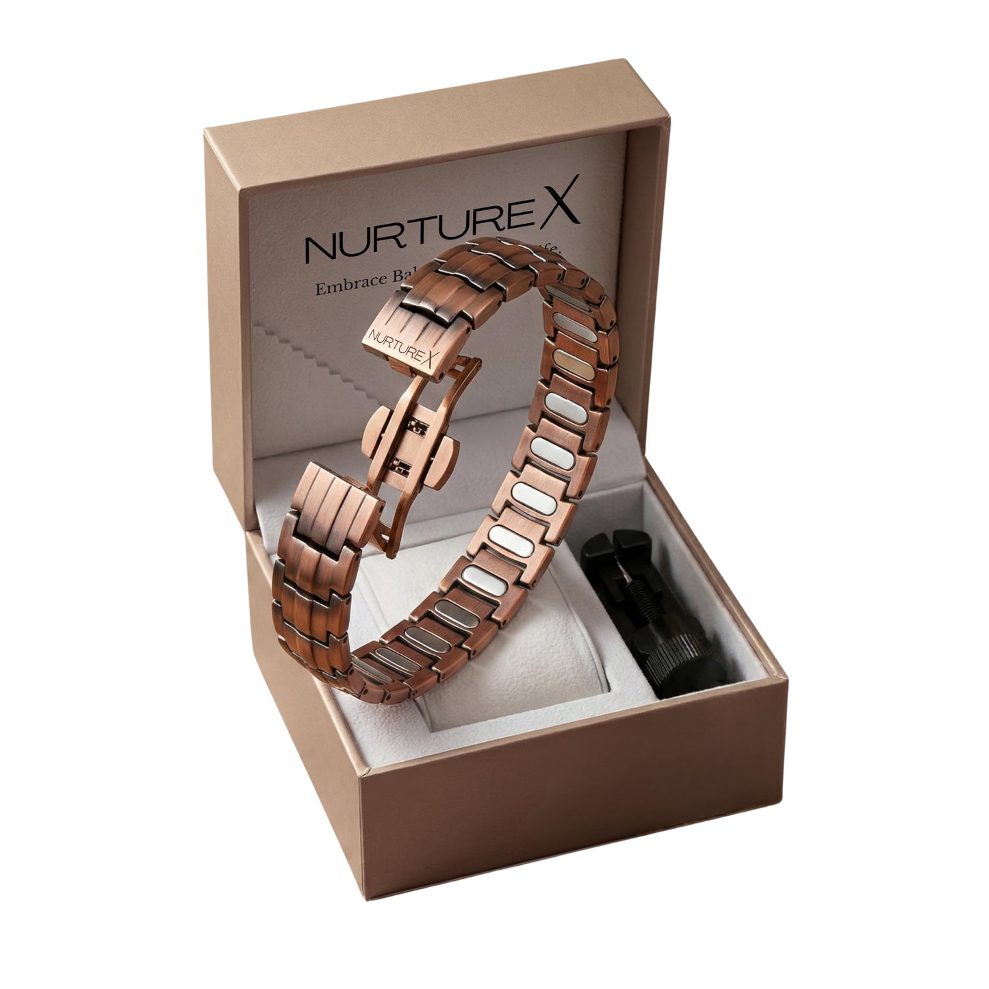NurtureX Therapeutic Pure Copper Magnetic Bracelet for Men and Women, 5K Gauss Adjustable Magnet Therapy Bracelet with Fold Over Clasp, Includes Sizing Tool, Extra Link Pins, Cleaning Cloth, Best Gift for Men & Women - (BioFlow)
