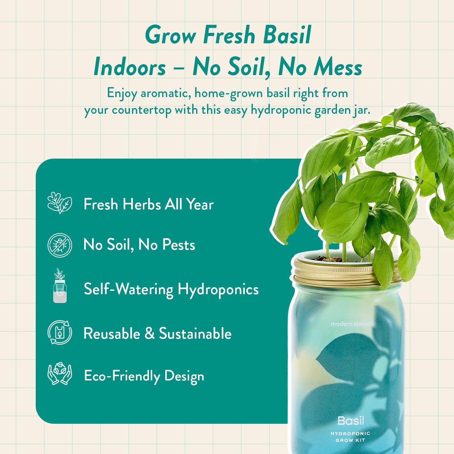 Modern Sprout Mason Garden Jar - Self-Watering Hydroponics Growing System Kit with Organic Herb Seeds - Jar Planter for Indoor Herb Garden - Seed Starter Kit - Home Decor & Gifting - Basil