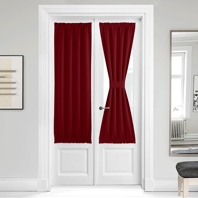 NICETOWN Door Panel Curtain - Thermal Insulated Blackout French Door Curtains Xmas Home Decorative Drapes with Rod Pocket Bonus Tieback for Living Room Bedroom, 36 by 64 inches, Burgundy, One Panel