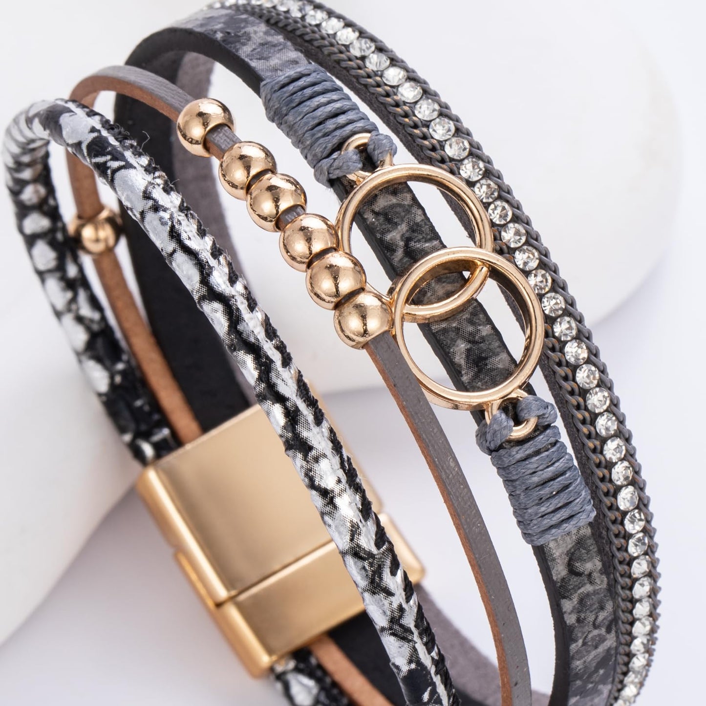 FANCY SHINY Boho Leather Wrap Bracelet Stackable Beaded Infinity Chunky Cuff Bracelets with Magnetic Clasp Western Hippie Outfits Jewelry Gifts for Women(Snakeskin Grey)