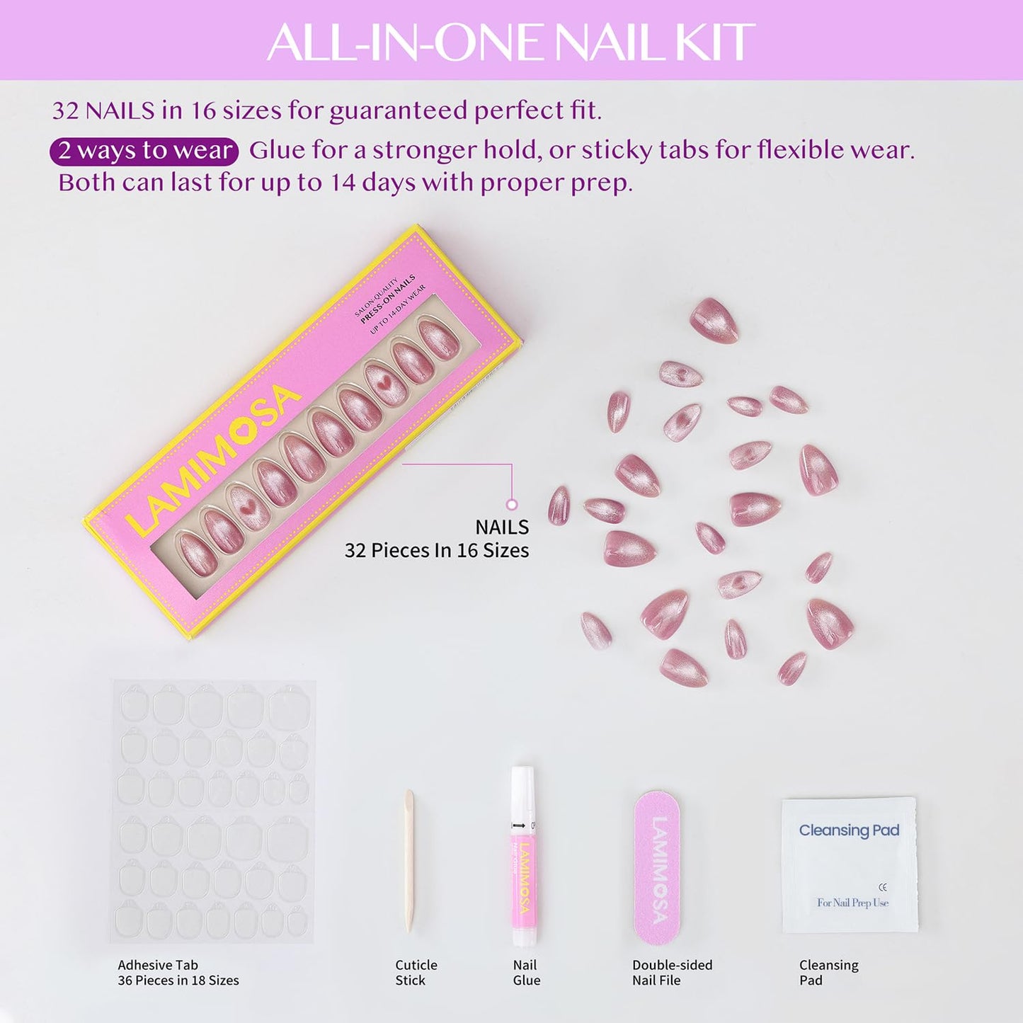 LAMIMOSA 32Pcs Cat Eye Press On Nails Short Almond – Soft Gel Fake Nails in 16 Sizes, Reusable Glue on Nails Kit, SWEETHEART