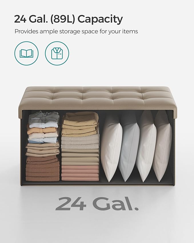 SONGMICS MAZIE Collection - 30 Inches Storage Ottoman Bench with Flipping Lid, Storage Chest Footstool, Load 660 lb, for Entryway, Living Room, Bedroom, Synthetic Leather, Camel Brown ULSF045K03