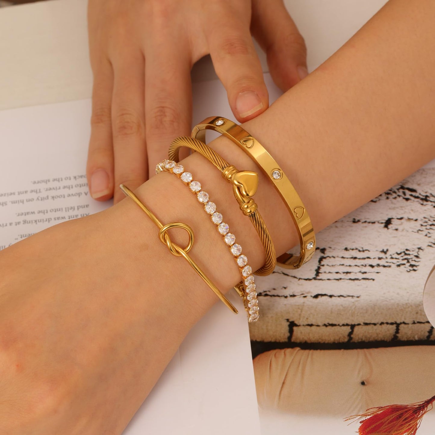 FAFUGA 18 K Gold Plated Love Bangle Bracelet Stack Cuff Jewelry for Women Jewelry Set for Women Gift with Box (style10)