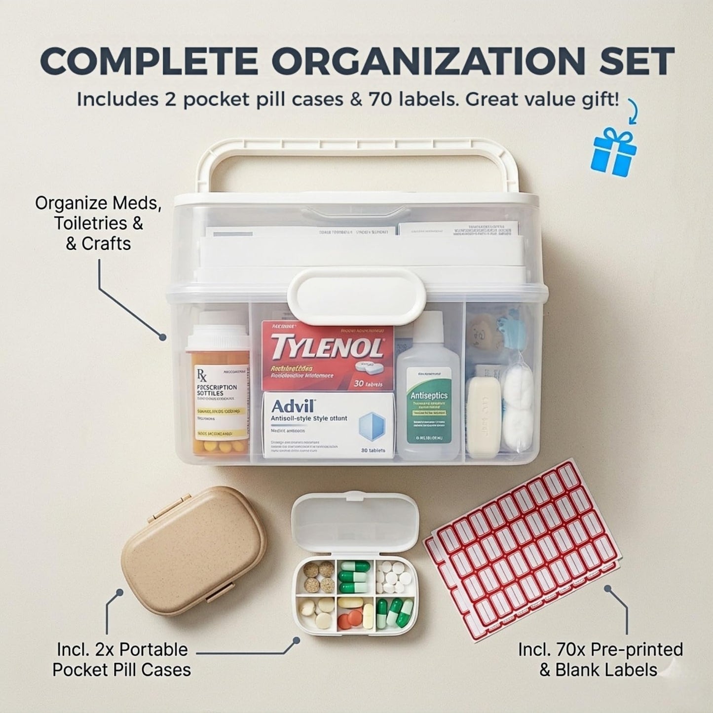 Portable Medicine Organizer Box & First Aid Kit Container – 3-Layer Folding Storage Bin with Handle & Latch, Clear Medical Supply Case for Home, Dorm, Sewing – w/ 2 Pill Pods & Labels