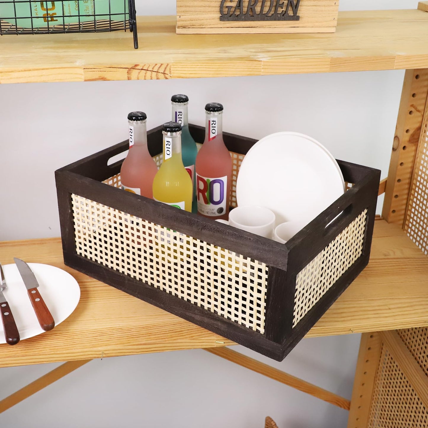 HODAKJUE Desktop Storage Basket, Sundry Office Drawer Storage Box, Wood Frame Storage Basket. (Brown-Large)