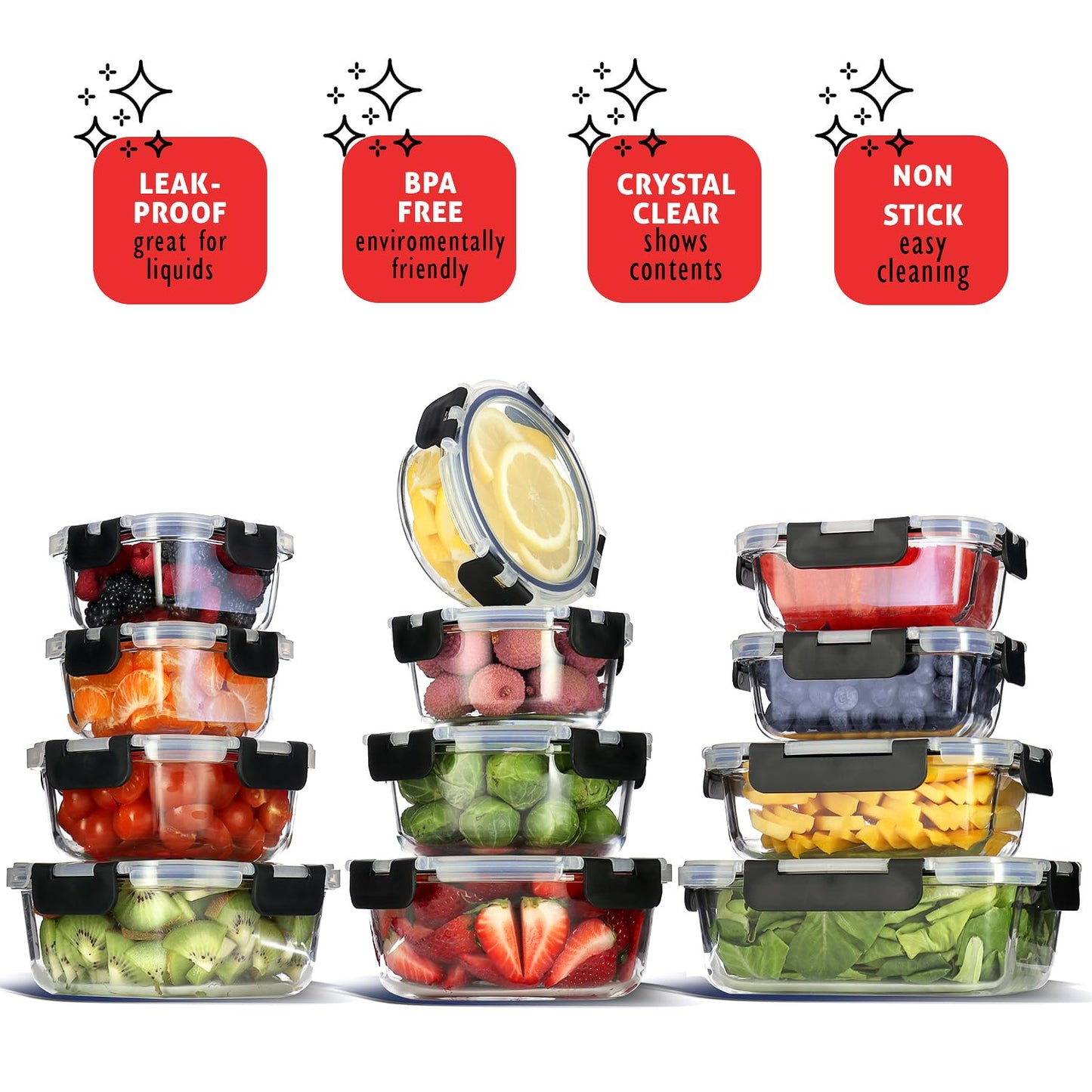 EATEX 48pc Glass Storage Containers with Lids, 24 Set Glass Food Storage Containers with 24 Airtight Lids, Pantry Kitchen Meal Prep Containers for Lunch, Freezer Storage Containers, Dishwasher Safe