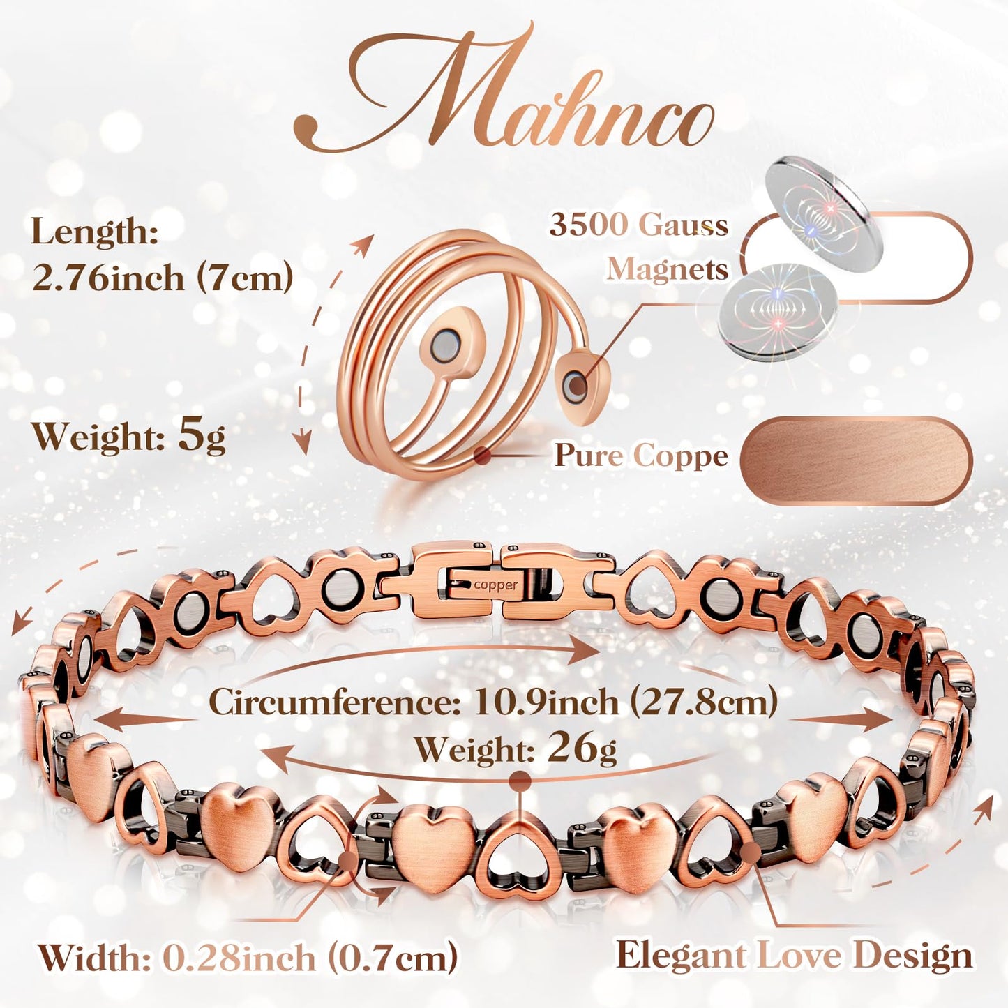 Copper Anklet for Women Magnetic Ankle & Lymphatic Drainage Ring with 3500 Gauss Magnets 100% Solid Pure Copper Jewelry Gift with Adjustment Tool(Heart Degisn)