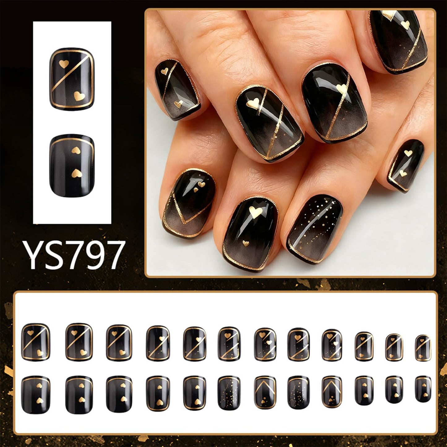 Press on Nails Black Gradient False Nails Gold Heart Line Glue on Nail Glossy Short Square Stick on Nail for Women DIY Manicure