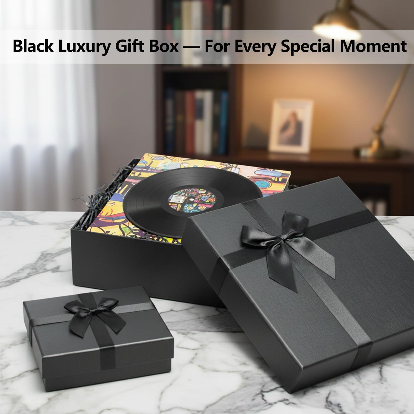 Giftilious Black Gift Box with Lids – A set of 4 Elegant Gift Boxes for Presents, Sturdy Nesting Design for Valentine's Day, Anniversaries, Birthday, Wedding, Ready to Gift – No Assembly Required