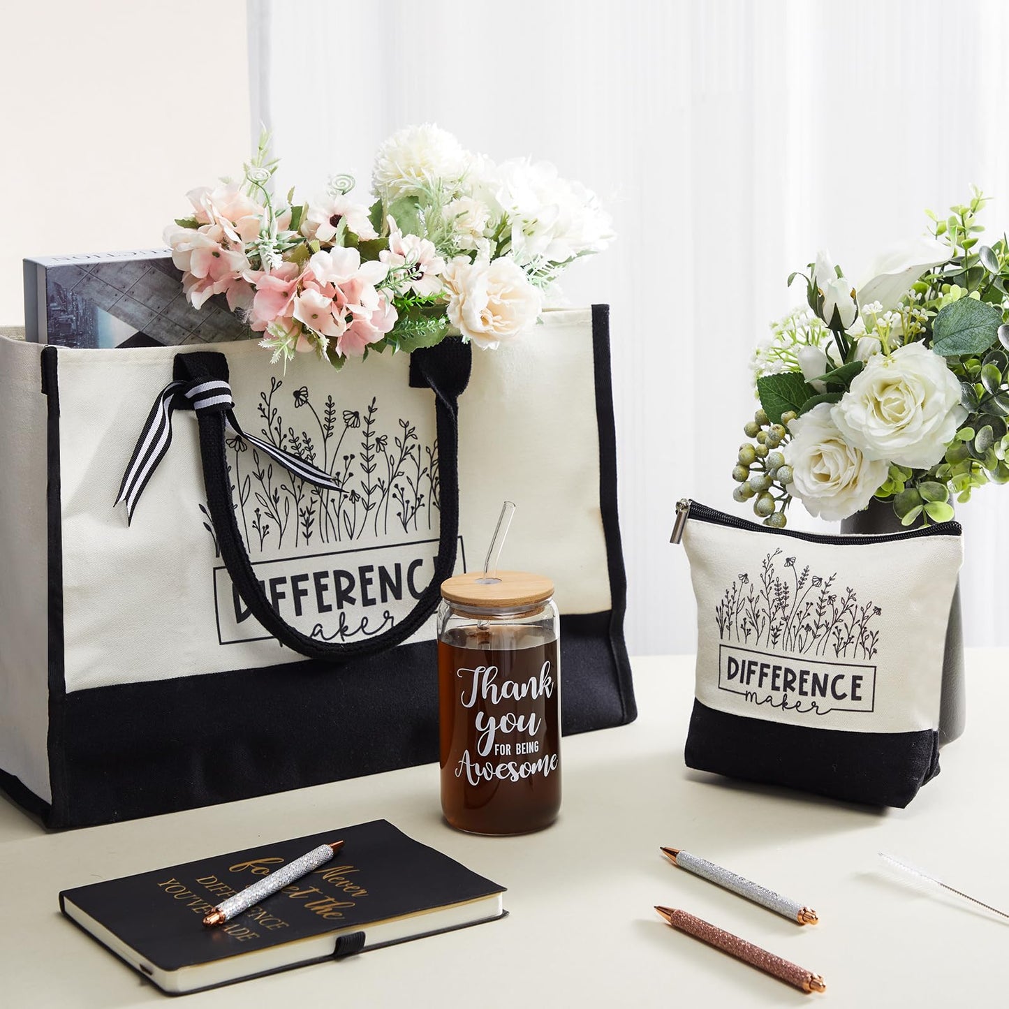 Funnymoom 7 Pcs Difference Maker Gift Employee Appreciation Tote Leather Journal Pen Tumbler Thank You Gift Women