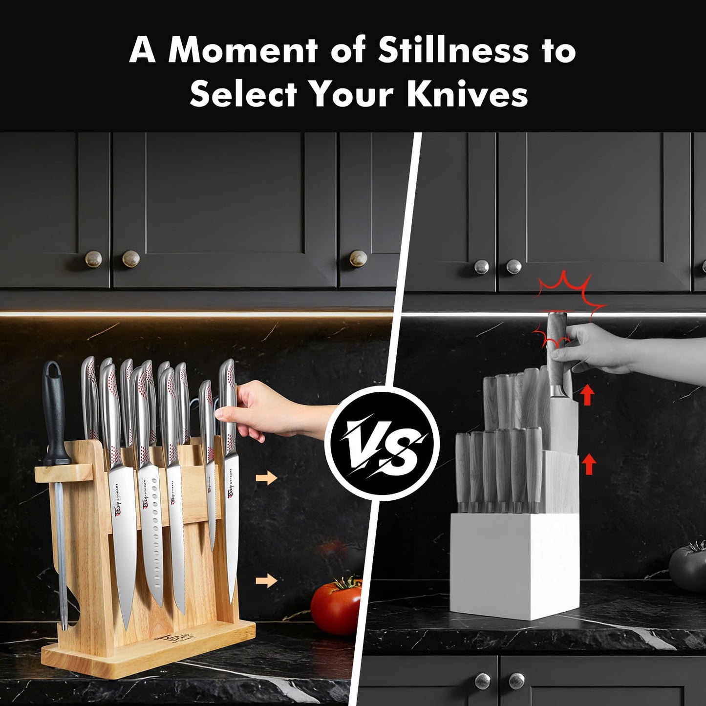 SYOKAMI Japanese Knives Set for Kitchen, Magnetic Knife Set with Block and Sharpener, Stainless Steel Knife Set as Gift for Couple, Wedding, Women or Mom with Gift Box, 14 PCS Red Dot