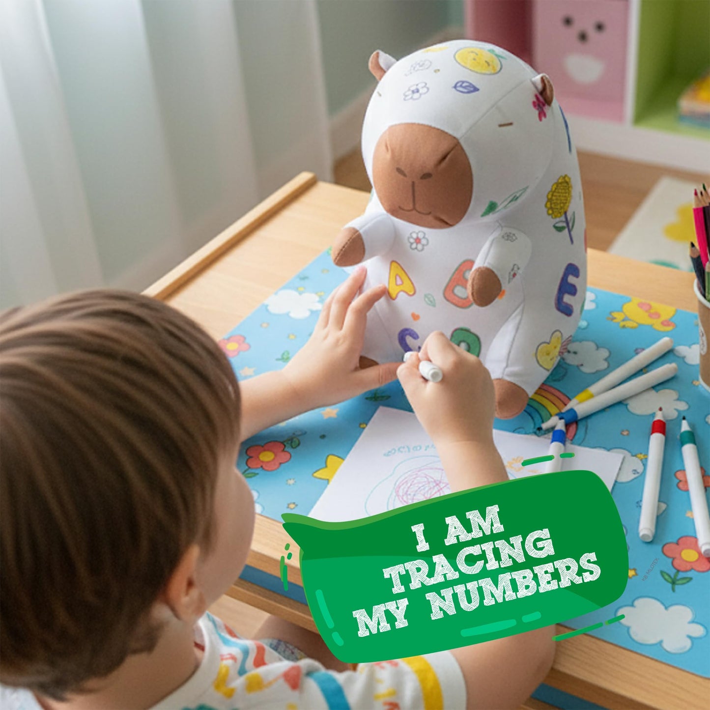 KB Mlotek Capybara Coloring Plush Toy - Washable Doodle Stuffed Animal with Traceable Numbers & Letters - Color Me Plush Includes 4 Markers - Educational Reusable Draw on Stuffed Animal Doodle Doll