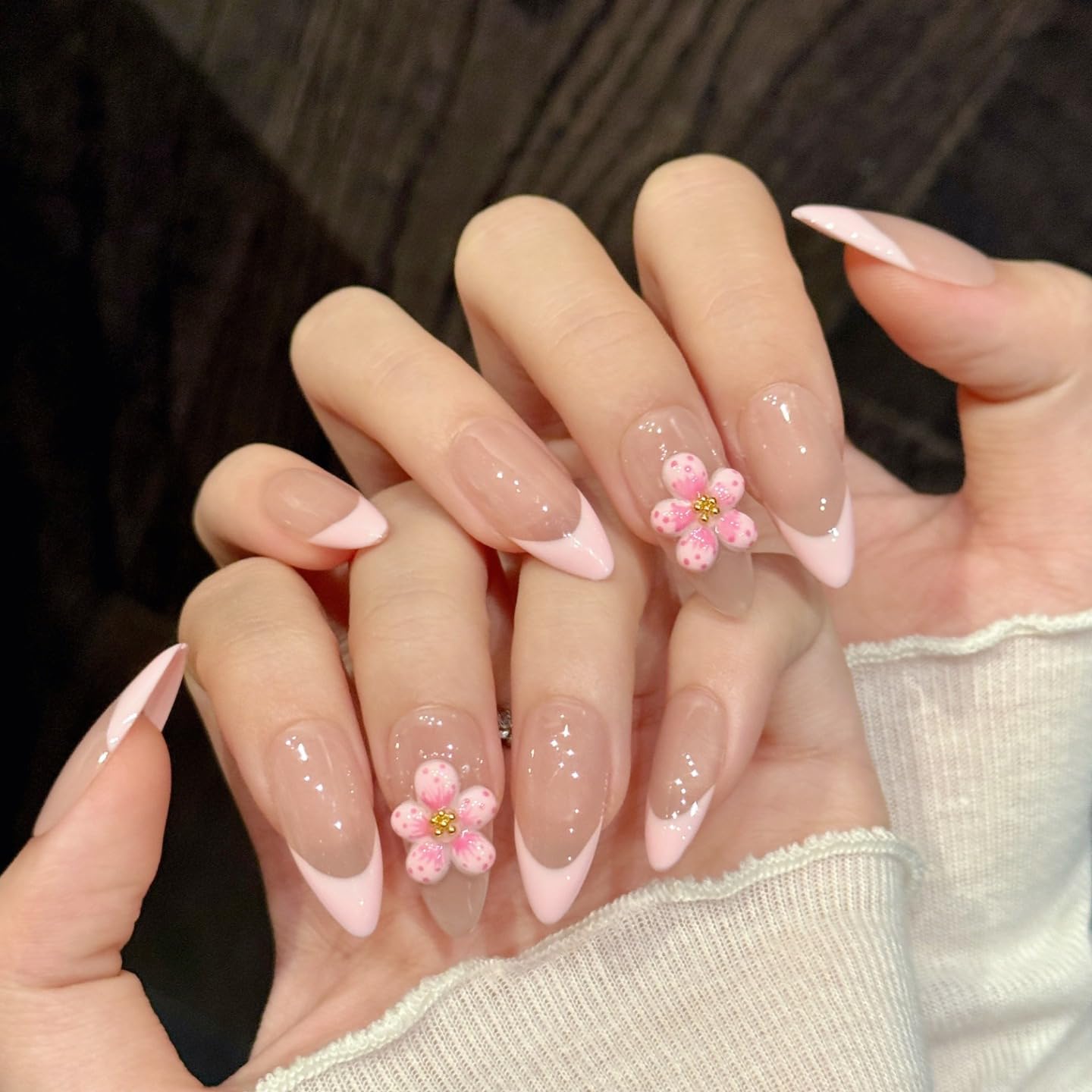 Handmade Press On Nails Medium Almond Pink And Delicate Carved Ppeach Blossoms Reusable Wedding Prom And Festival Gift Handmade Acrylic Press On Nails Aacrylic Nail (L)