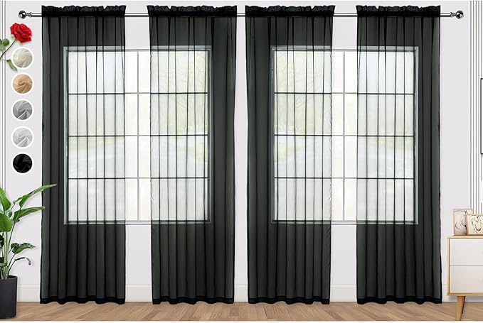 SpaceDresser Black Sheer Curtains 4 Panels Rod Pocket Semi-Sheer Curtain 90 Inches Long Light Filtering Voile Window Drapes for Bedroom Living Room Kitchen, Each 52W x 90L