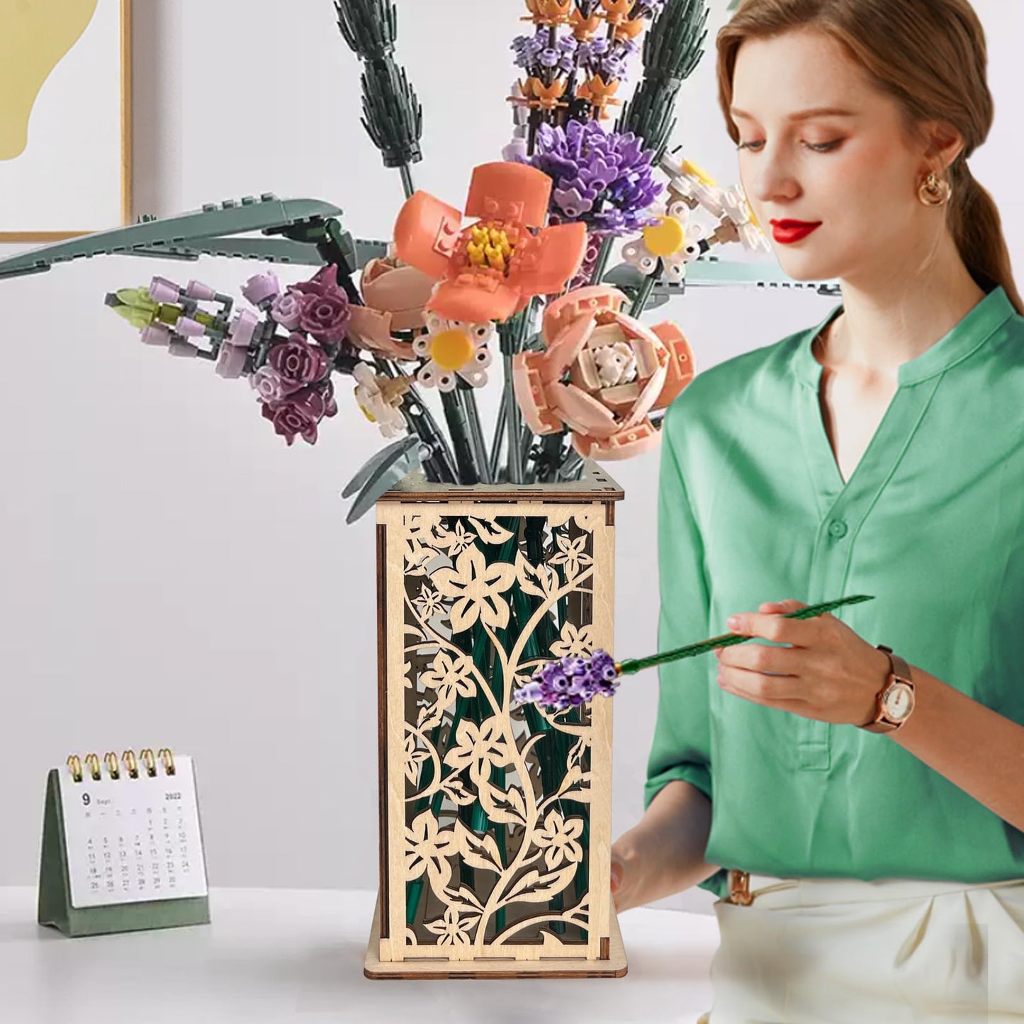 Wooden Vase for Lego Flowers, Display Stand for Lego Flower, Cool Artistic Carving Vase with Hollow Flower Pattern for Flower Lovers (Wood)