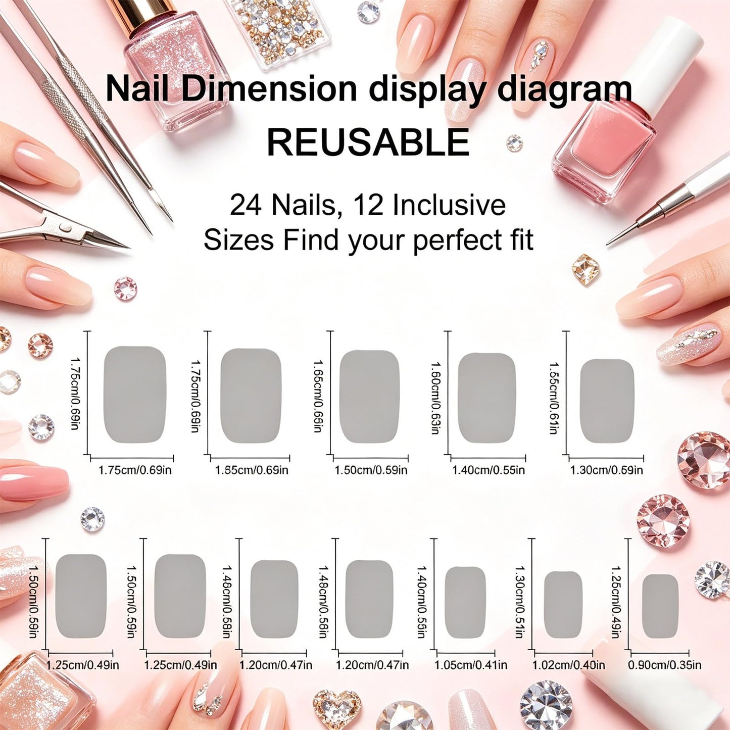 French Tip Press On Nails Medium Square Fake Nails with Gold Glitter Line Glossy Nude Pink False Nails Reusable Acrylic Stick On Nails for Women Daily Wear, 24 Manicure Kit with Adhesive Tabs