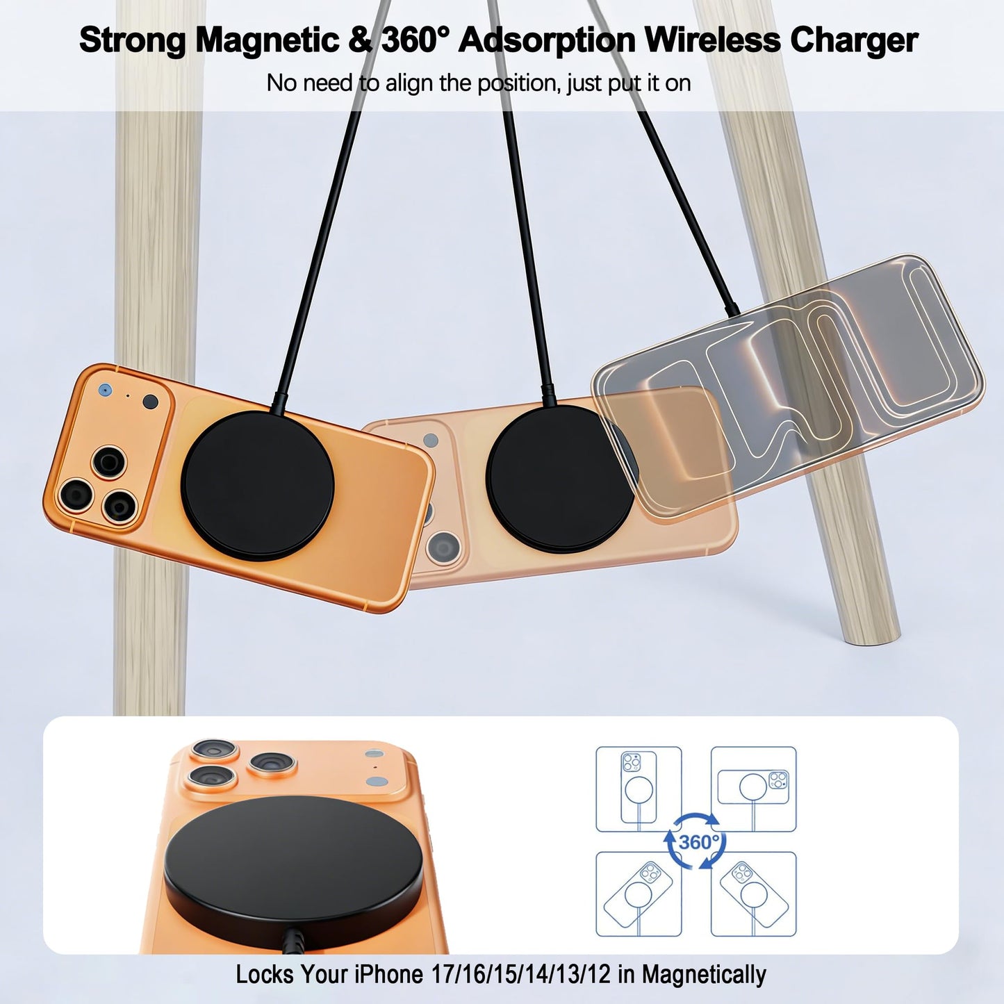 [Apple MFi Certified] iPhone Magnetic Wireless Charger 15W 6FT Mag-Safe Charging Pad with USB C Fast Wall Charger Block for iPhone 17 Pro Max/Air/16E/16 Plus/15/14/13/12/11/AirPods Pro 3/2(Black)