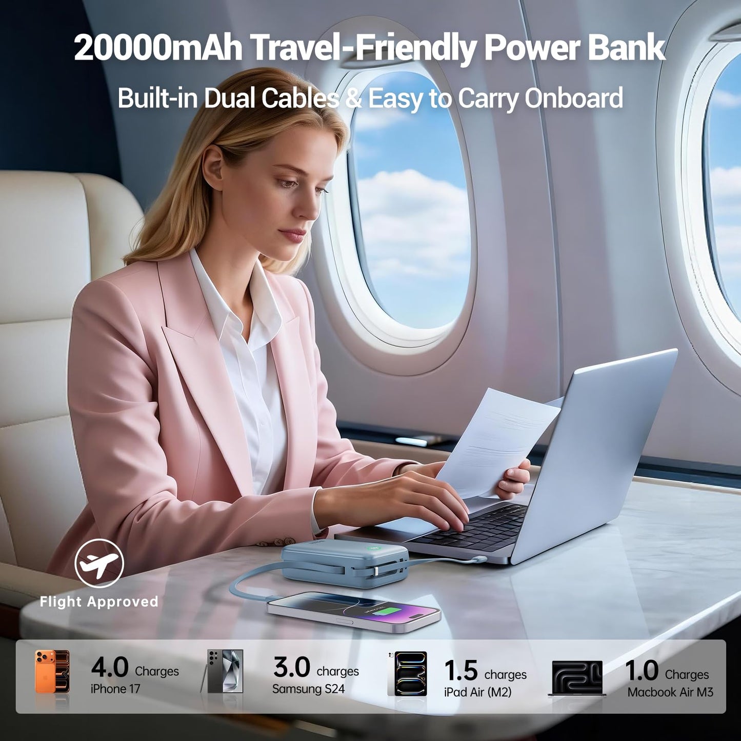 Hichain Portable Charger 35W 20000mAh Power Bank Fast Charging Portable Fast Charger Power Bank for iPhone 17/16/15/14/13, iPad, Android, LED Display Battery Pack Built Dual Cables & 4 Outputs Blue