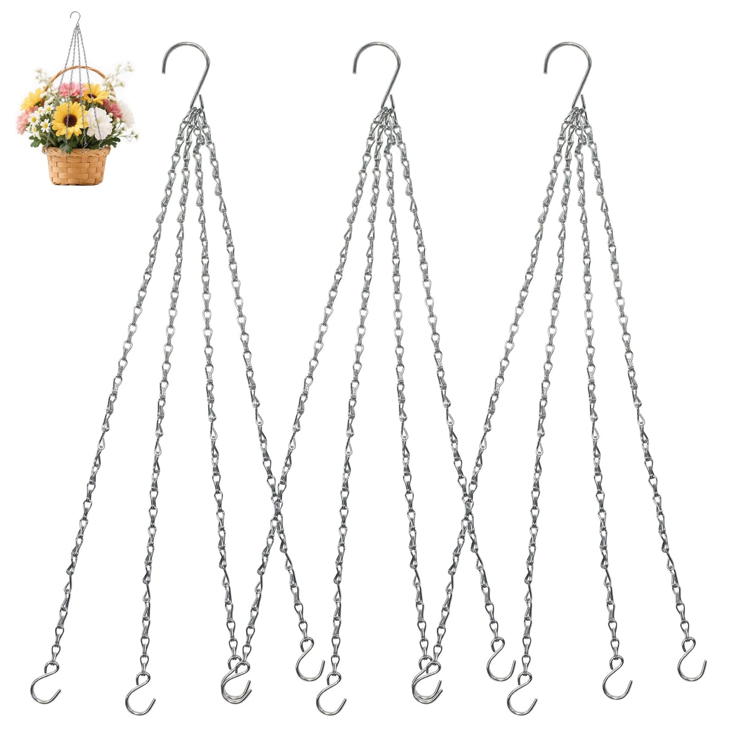 Zorfeter 3 Pack Silver Hanging Chains, Replacement Hooks Flower Pot Chains Plant Hangers, 23 Inch Hangers for Planters/Bird Feeders and Lanterns