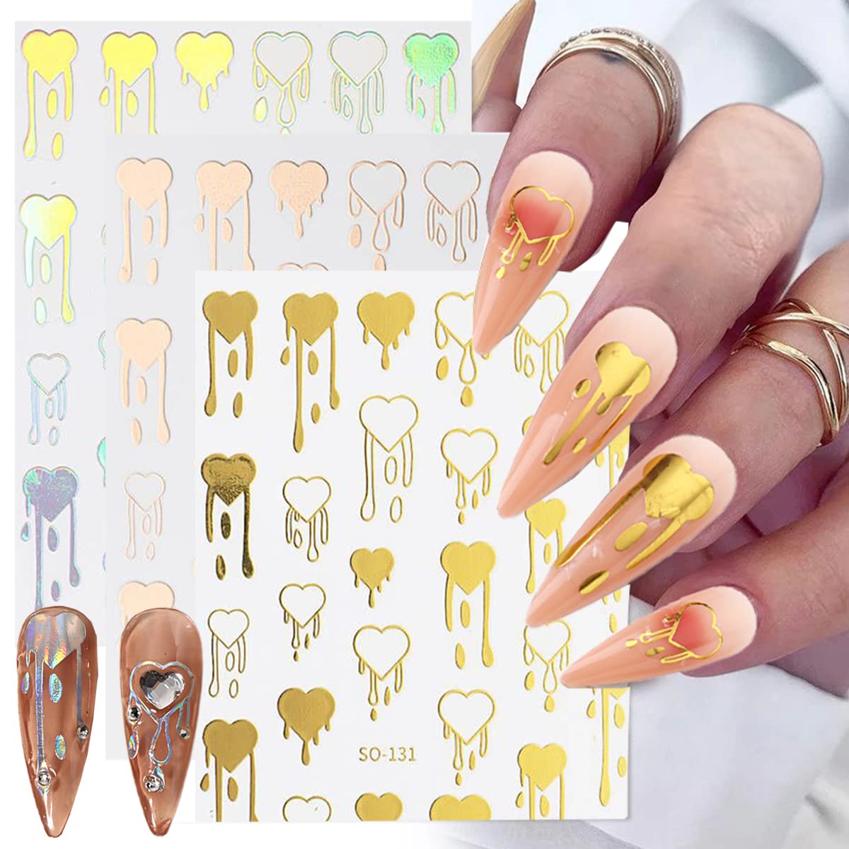 8 Self-Adhesive Sticker Sheets: Blood, Gold Heart & Water Drop Designs for Nails