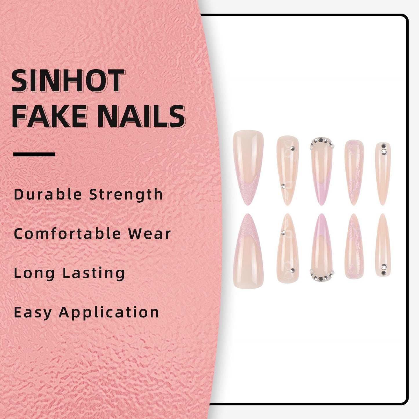 SINHOT Stiletto Press on Nails - Long Fake Nails, Glossy Finish, White Flower & 3D Rhinestones, DIY Artificial False Nail Art - 24 Pcs Nail Kit with Glue