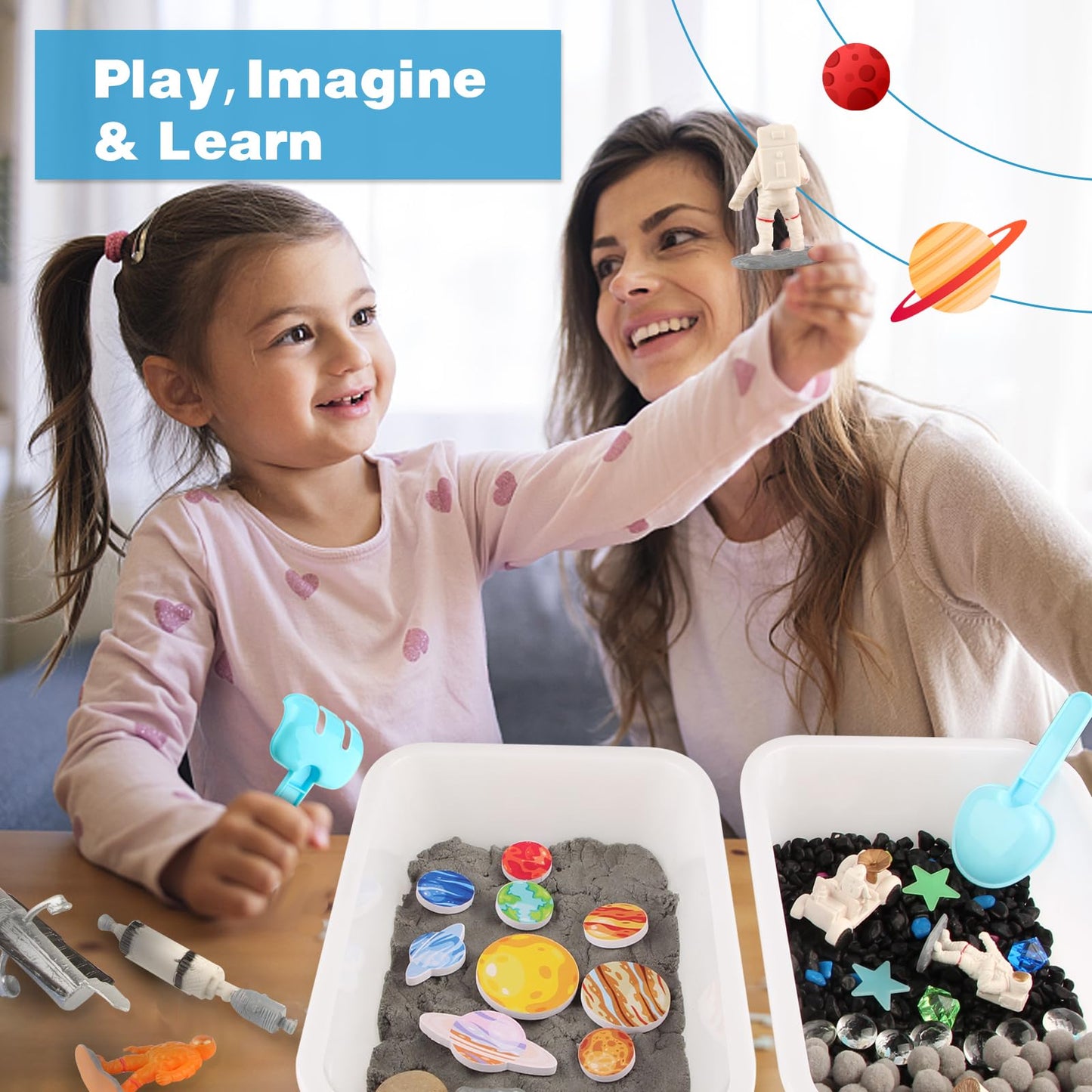 Space Themed Sensory Bin Filler,Planet Toys for Kids, Universe Solar System for Autistic Children, Space Astronauts Sensory Toys for Toddlers with 9 Planets, Sand, 3 Tools and More